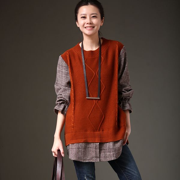 

micoco z6088 literature and art large code splicing false two pieces of loose wool knit sweater female spring, White;black