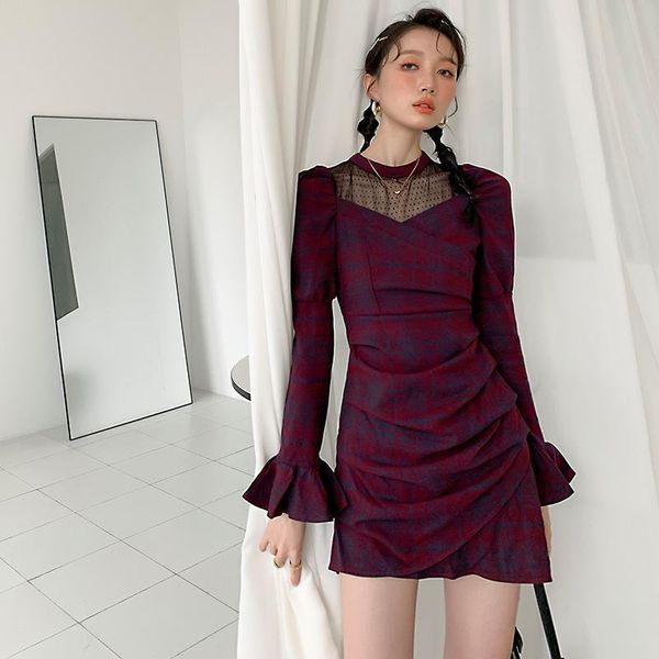 

casual dresses spring autumn 2021 gothic women woolen dress puff sleeve a-line plaid lace patchwork mini goth girls vestidos, Black;gray