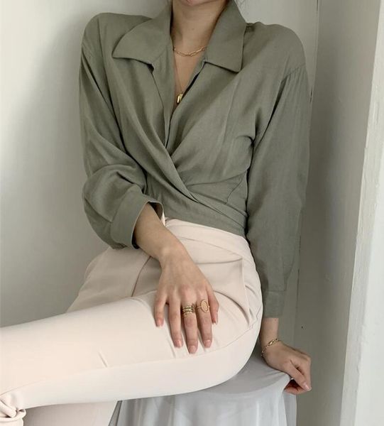 

women's blouses & shirts 2021 women spring summer vintage cross lace up cropped oversize korean style short cl840, White