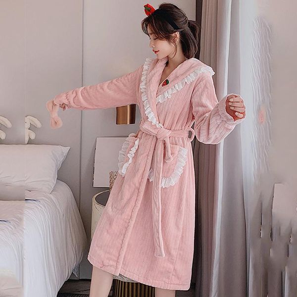 

women's sleepwear coral fleece bathrobe solid women autumn winter full sleeve ruffles ladies robes pockets strawberry embroidery thick, Black;red