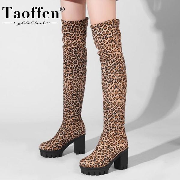 

boots taoffen size 33-43 long leopard women shoes thick high heel over knee boot fashion all-match lady footwear, Black