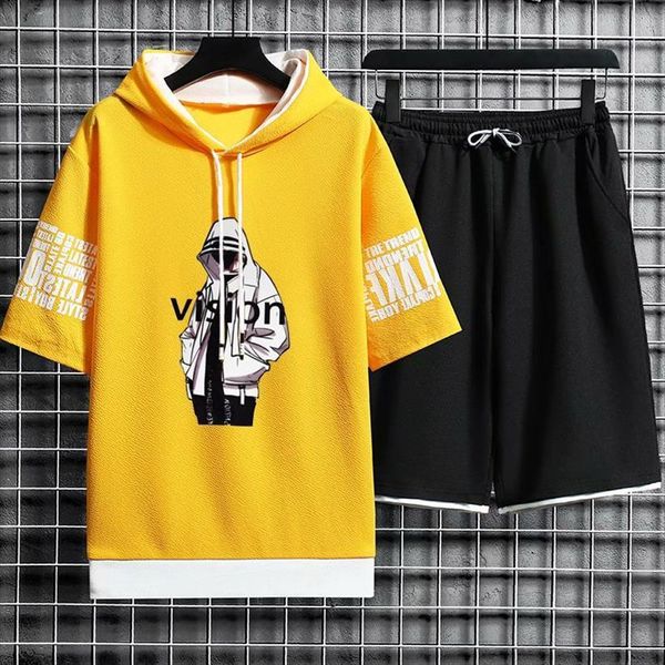 

streetwear sets japan clothing print mens tracksuit hooded short sleeve t shirts casual elastic waist shorts fashion, Gray
