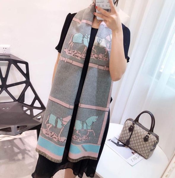 

scarves 2021 autumn and winter horse pattern cashmere scarf korean style printed shawl thick, Blue;gray