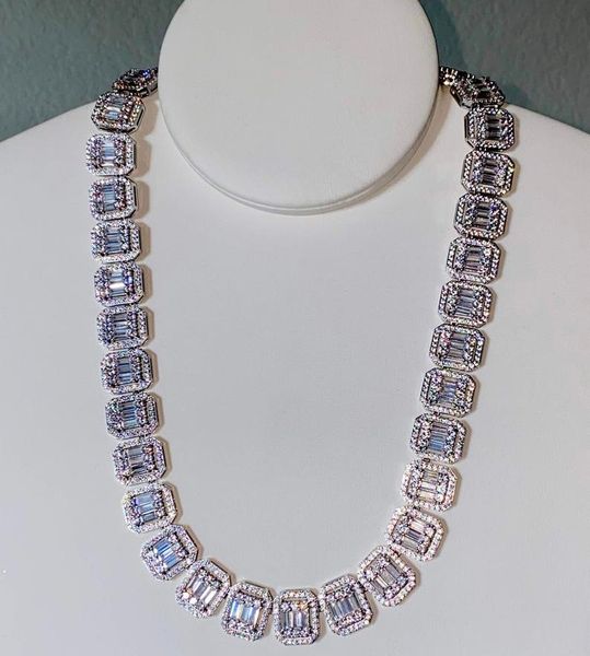 

pendant necklaces iced out bling men hip hop jewelry rock punk cool street boy baguette cz cluster chain tennis necklace, Silver