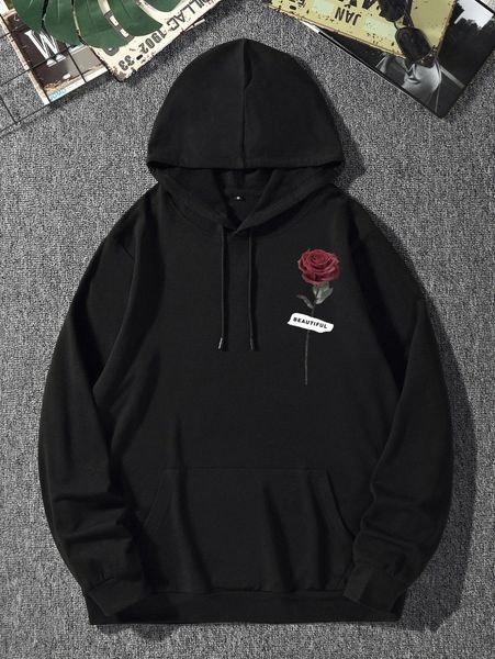

men letter & floral print kangaroo pocket drawstring hoodie r6jr#, Black