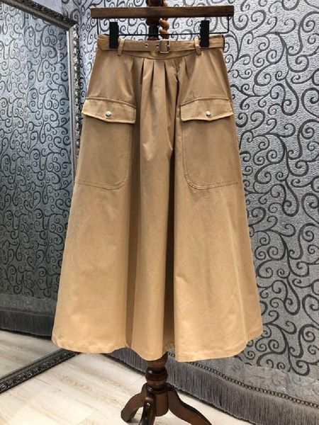 

skirts 100%cotton long skirt 2021 autumn style women belt deco big pocket patchwork casual khaki dark blue maxi, Black