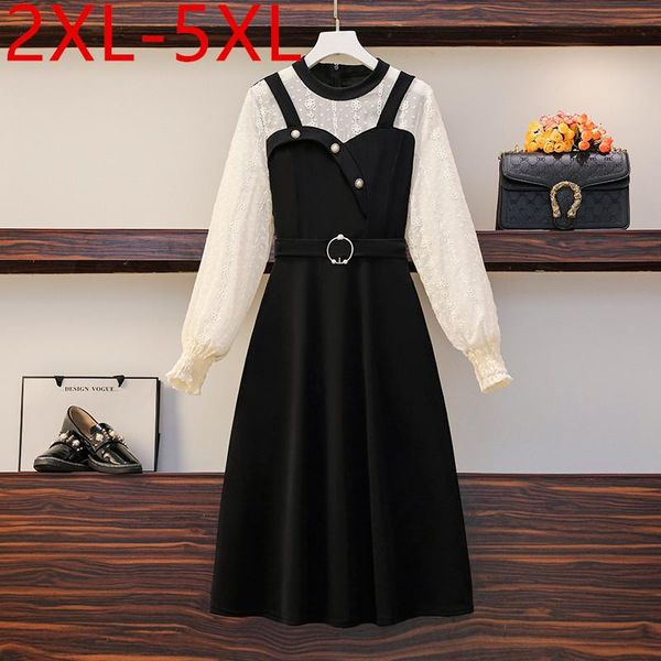 

plus size dresses dress for women 2021 autumn o-neck long puff sleeve camisole patchwork beading large female 2xl 3xl 4xl 5xl, Black