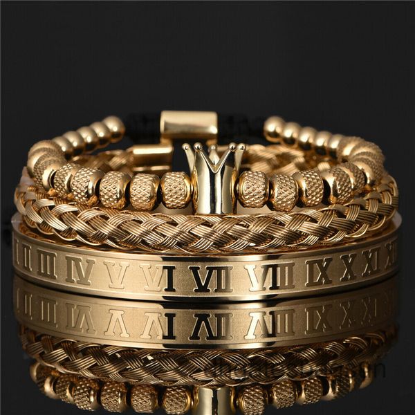 

luxury mens bracelet king crown roman numberal bangle & jewelry set, Black