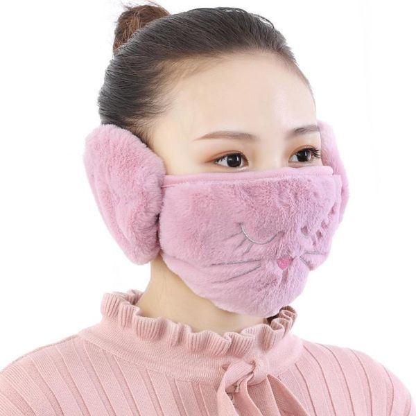 

ear muffs women 2 in 1 warm mask earmuffs cartoon cat autumn winter thicken plush riding outdoor wear, Blue;gray
