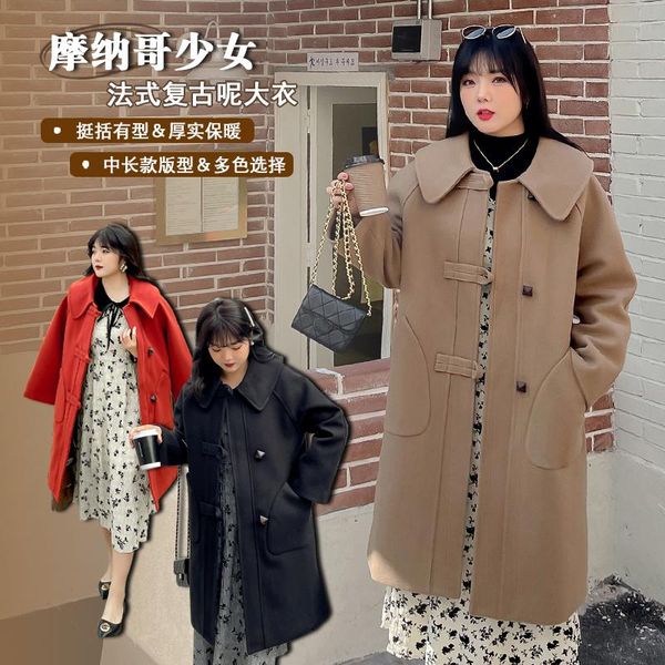 

women's wool & blends winter woolen coat large plus size french retro style thickened medium length warm 2142, Black