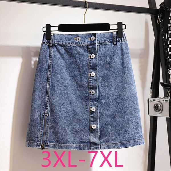 

summer plus size mini women skirts large casual loose elastic waist button pocket blue denim 3xl 4xl 5xl 6xl 7xl, Black