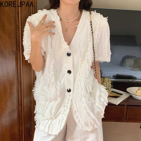 

korejpaa women jackets summer korean chic elegant v-neck three-button design heavy-duty fringed loose short-sleeved jacket 210526, Black;brown