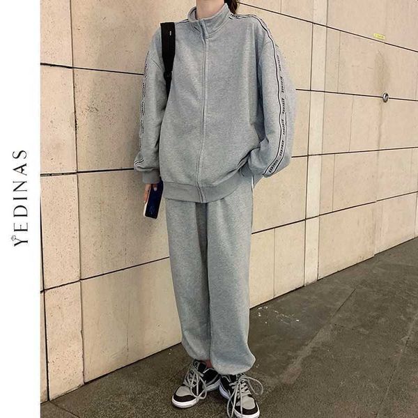 

yedinas winter women tracksuit sportswear suit 2 piece set o-neck loose jacket ankle-length pants femme suits outfits 210527, White