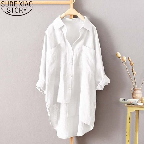 

plus size 3xl 4xl 5xl loose long shirt women vintage blouse long sleeve shirt solid fall casual ladies button blusas 12161 210225, White