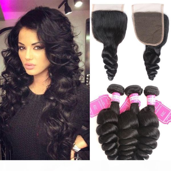 

peruvian human hair bundles with closure loose wave lace closure unprocessed hair weft peruvian virgin hair, Black;brown
