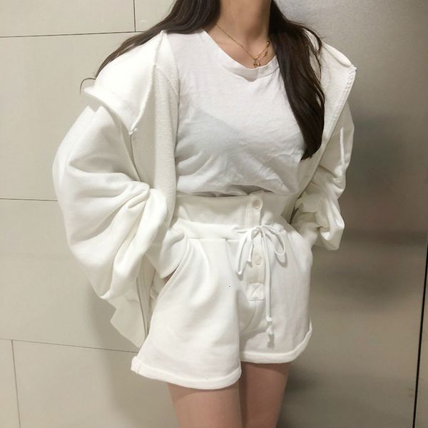 

2021 spring solid cotton set of two female garments hood zipper puff long sleeve sweaters with short leg 1wun, Gray