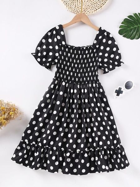 

girls polka dot shirred bust ruffle hem dress she, Red;yellow