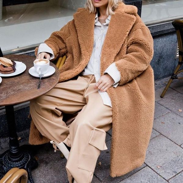 

women's wool & blends 2021 women thicken long plush overcoat sleeve solid european american style loose warm casual female coat autumn, Black