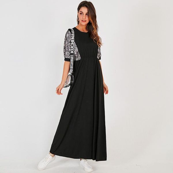 

casual dresses summer women long dress 2021 black fashion snake print stitching elastic waist o-neck half sleeve maxi robe, Black;gray