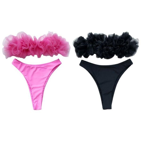 

women bikini set strapless solid color swimsuit mesh ruffles bathing suit