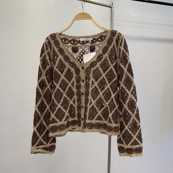 

women's blouses & shirts 2021 autumn women long-sleeved knitted cardigan shirt v-neck hollow out fashion female crochet blouse blusa, White