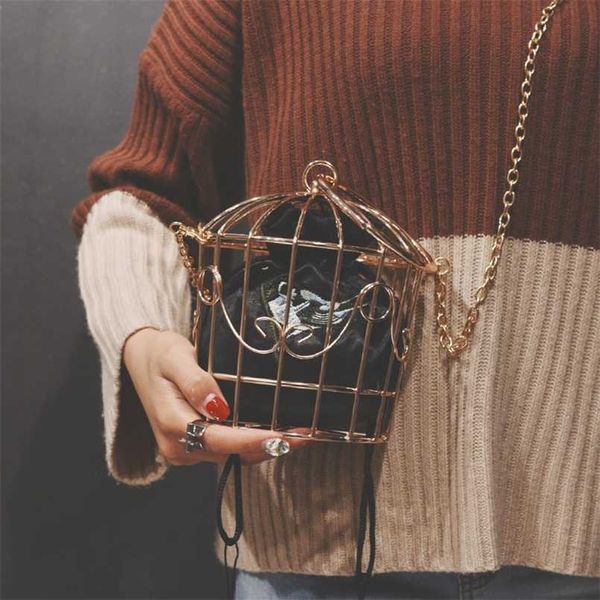 Damen Birdcage Abendtasche Clutch Metallrahmen Stickerei Eimer Vogelkäfig Mini Geldbörse Frauen Gold Quaste Handtasche 211025