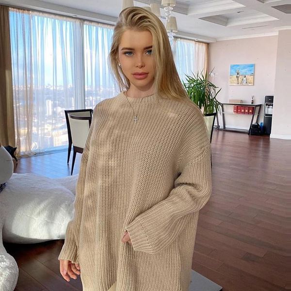 

wotwoy casual autumn oversized sweater women loose solid knitted pullovers women long sleeve o neck korean sweaters female 2021, White;black