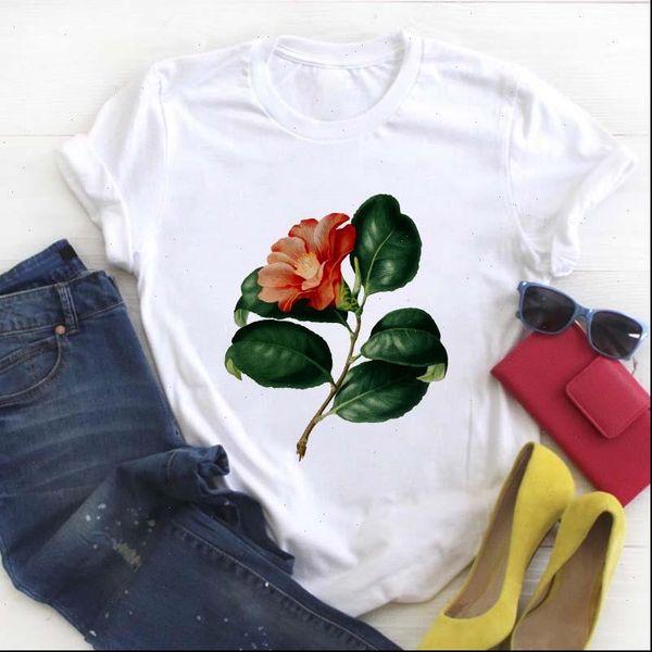 

women t shirt casual floral wild plant print harajuku o neck short sleeve t shirt for women camisas mujer, White