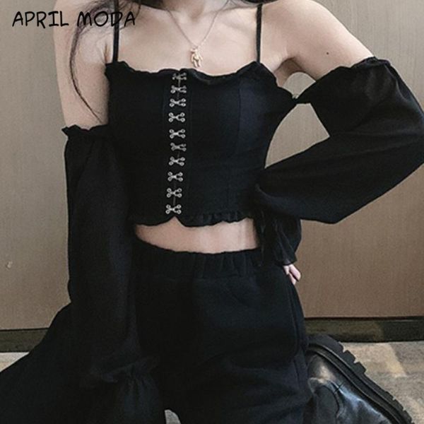 

women's blouses & shirts fashion dark women crop flare long sleeve out black blouse gothic retro bodycon female slash neck ele, White