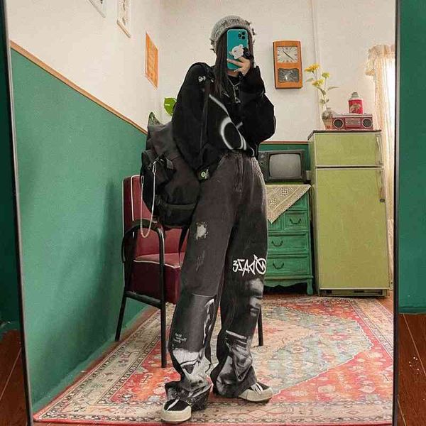 

women's jeans houzhou gÃ³tico baggy jeans feminino punk hippie streetwear impressÃ£o y2k calÃ§as de perna larga harajuku grunge vintage 90, Blue