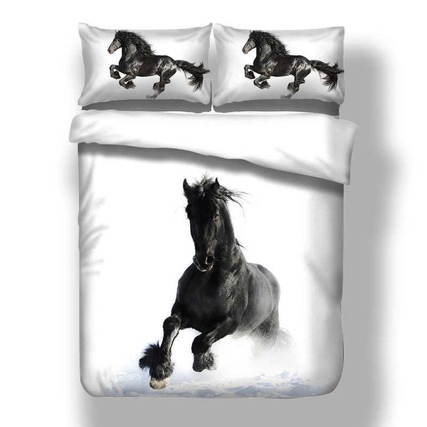 3D Duveta Cobertura Conjunto Branco Cavalo Preto Cavalo Rainha King Rei Completo Nordic Bedclothes Para Adulto Criança Criança Têxteis Início 210615