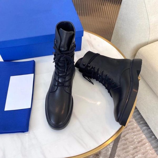 

boots 2021 shoes woman leather round toes low heels lace-up ankle bota feminina platform motorcycle1, Black