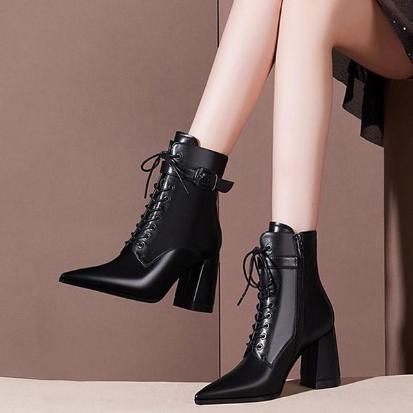 

boots lucyever british style women pointed toe ankle black high heels buckle botas woman lace up patent leather shoes ladies