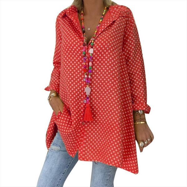 

casual long sleeve womens shirt turn down collar polka dot print buttons loose, White
