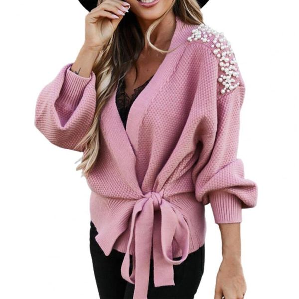 

women's jackets women casual sweater solid color lace v neck imitation pearl knitted bow knot autumn winter ladies fabric, Black;brown