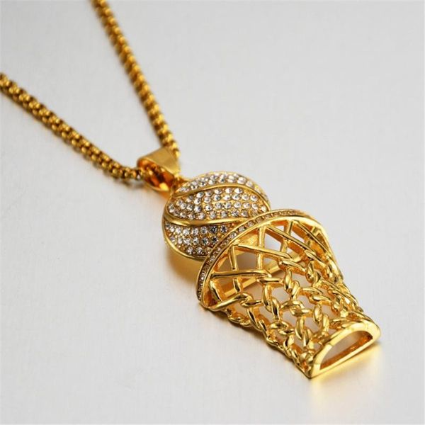 

pendant necklaces hip hop iced out bling sports basketball rapper gold color stainless steel chains for women man hiphop jewelry, Silver