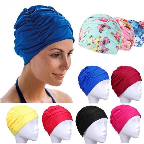 

shower caps pleated cloth elastic nylon turban bathroom cap size swimming long hair sports protect hat for men & women
