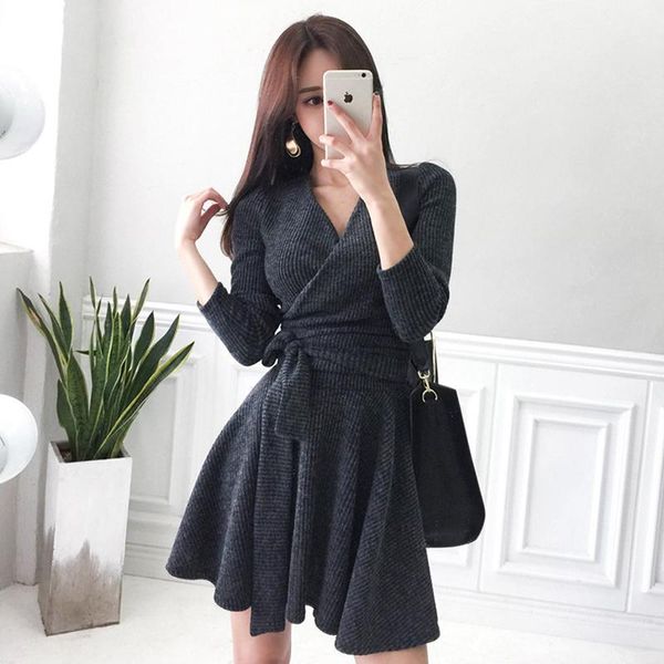

casual dresses fashion women arrival bouncy knit mini dress temperament elegant vintage sweet comfortable soft warm a-line, Black;gray