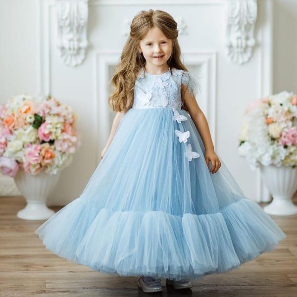 Céu claro Azul Aplicada Flor Menina Vestidos Para Uma Linha Plissada Casamento Prazeant Vestidos Tule tornozelo Comprimento Primeiro Vestido Comunhão