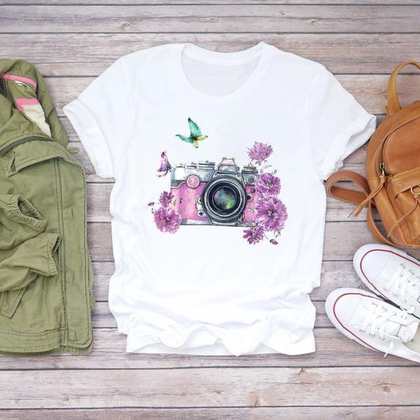

women 2021 camera flower butterfly vintage printing print summer shirt t-shirts t graphic female ladies womens tee t-shirt, White