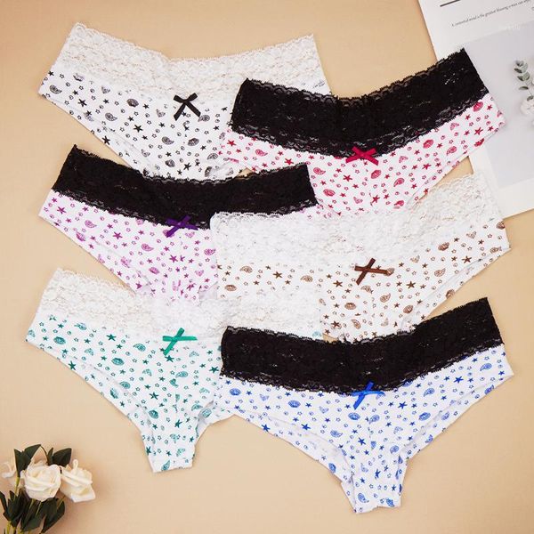 

women's panties 2021 6pcs cotton underwear comfort underpants floral lace seamless bow girls briefs low-rise pantys, Black;pink