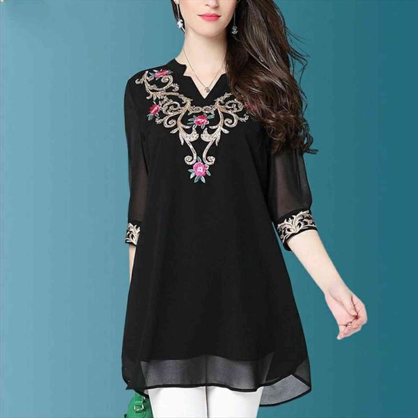 

spring autumn style solid color womens shirt v neck korean oversize half sleeve embroidery loose l 5xl, White