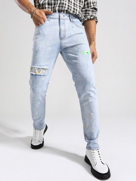 

men paint splatter pattern ripped patched jeans g4wj#, Blue