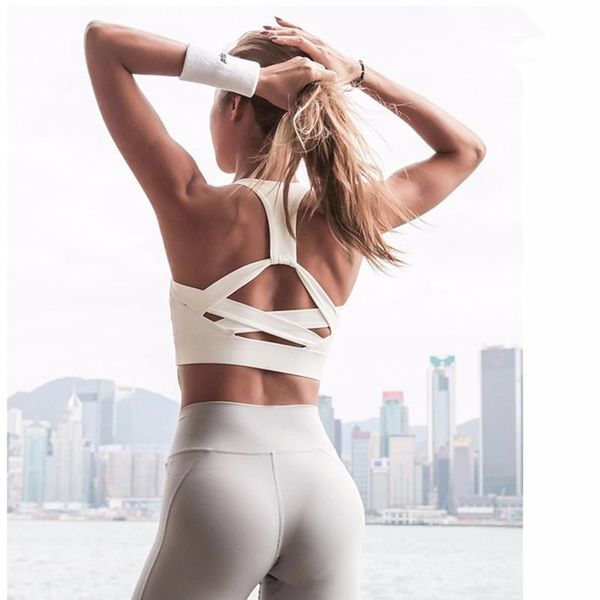 

women yoga bra running fitness sportswear shockproof training high streth sport crop backless push up gym workout cloth, White;black