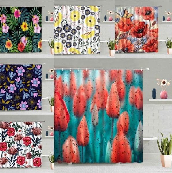 

water drop tulips flower shower curtain summer tropic green plant palm leaf bathroom decor floral printed waterproof bath screen