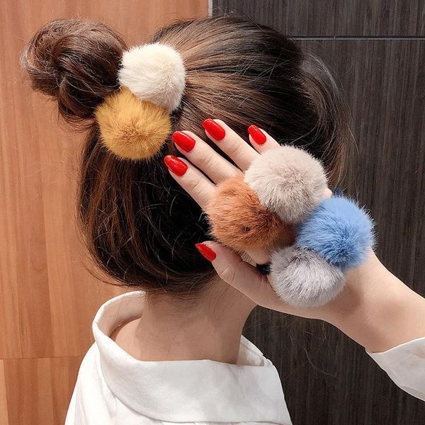 

hair accessories winter cute warm soft hairball tie elastic rubber bands knitted fluff ear cozy girl accesories headband