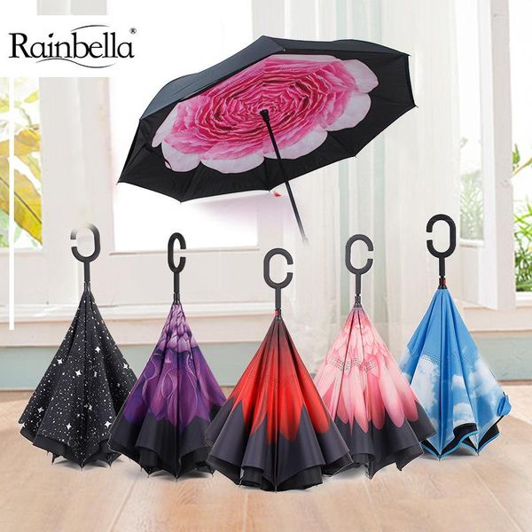 

umbrellas rainbella fashion double layer inverted windproof rain reverse umbrella for women men,stand protection c-hook hands car