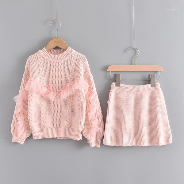 

clothing sets kids clothes girls lace ruffles cute long sleeve knitted cardigan sweater coats skirt set winter vetement enfant fille1, White