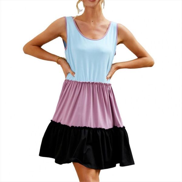 

elegant three color patchwork women dresses shoulder strap pocket summer pleated hem a line plus size casual, Black;gray