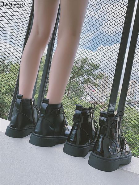 

boots 2021 autumn and winter short tube ins patent leather female british wind thick bottom motorcycle, Black